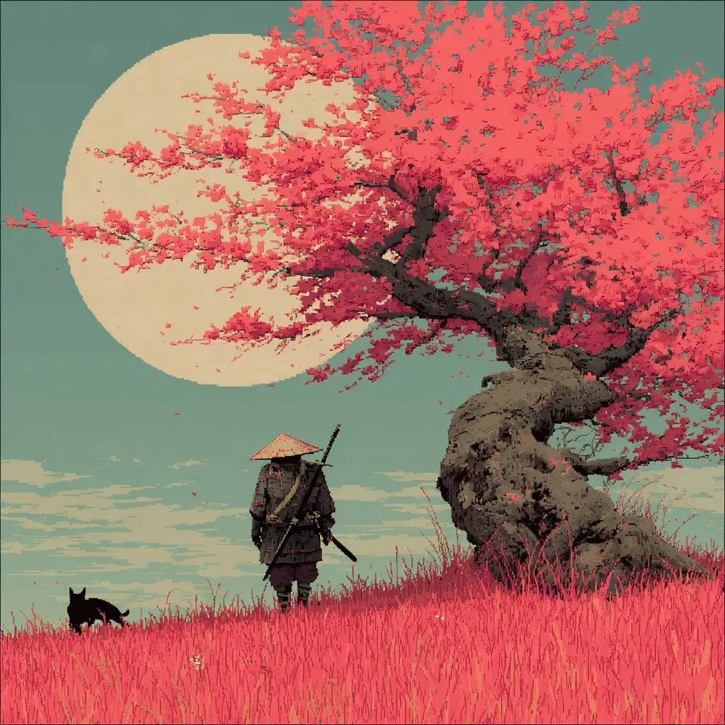 A pixel art scene depicts a lone samurai, katana sheathed, standing beneath a vibrant pink cherry blossom tree.  A small black dog rests nearby in the reddish grass. A large, pale moon hangs in the soft pastel sky. The style evokes a serene yet slightly melancholic mood, reminiscent of classical Japanese art.