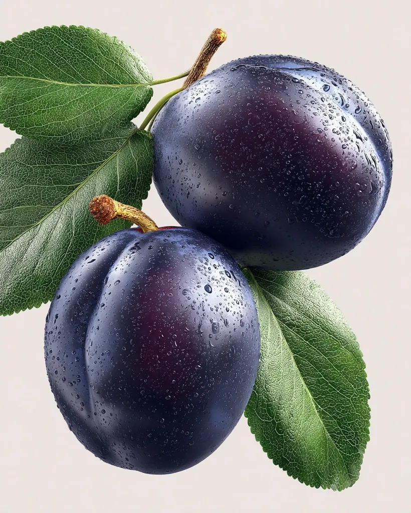 Two ripe, dark purple plums, glistening with water droplets, are shown attached to a branch with vibrant green leaves.  The plums are plump and juicy-looking, suggesting freshness. The image is a close-up, highlighting the texture and detail of the fruit and foliage.