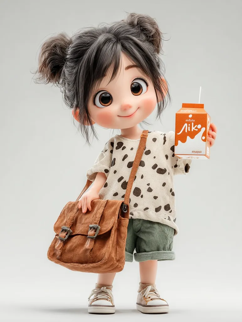 A charming 3D-rendered girl with large eyes and pigtails holds a carton of milk.  She's dressed in a beige, spotted shirt, olive green shorts, and white sneakers.  A brown satchel hangs from her shoulder. The overall style is cute and whimsical, suggesting a childlike innocence. The scene is simple, with a light grey background emphasizing the character.