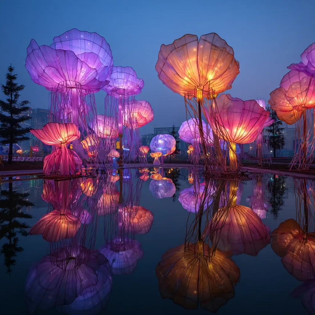 Numerous illuminated jellyfish-like lanterns, in shades of purple and orange, are artfully arranged around a calm body of water.  Their reflections perfectly mirror the enchanting scene, creating a surreal and dreamlike atmosphere under a twilight sky.  The lanterns, with delicate, translucent fabric, appear to float gently above the water's surface, enhancing the magical ambiance.