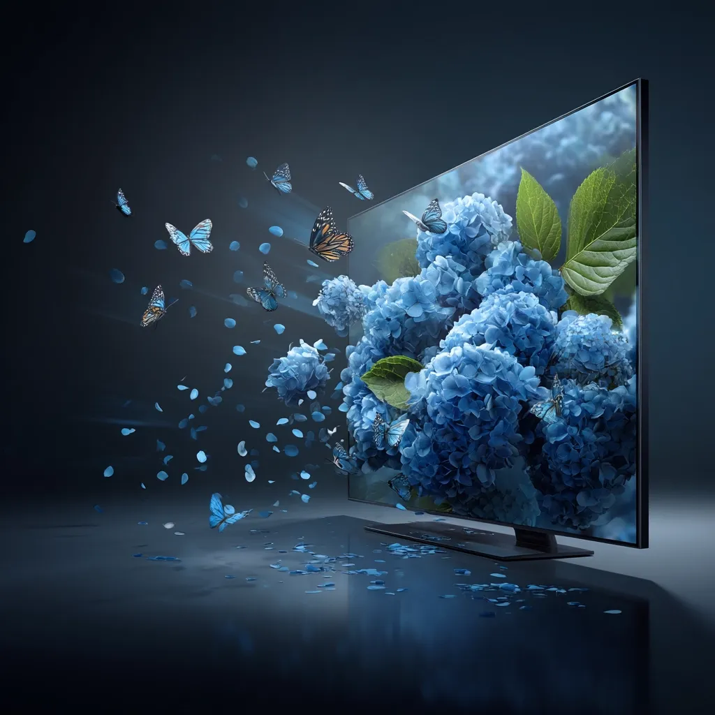 A modern flat-screen television displays a vibrant image of blue hydrangeas.  Butterflies flutter from the screen, their wings seemingly brushing against the blossoms and scattering blue petals onto a reflective surface. The scene is surreal and artistic, emphasizing the vivid detail and realism of the television's display. The dark background accentuates the brilliance of the image.