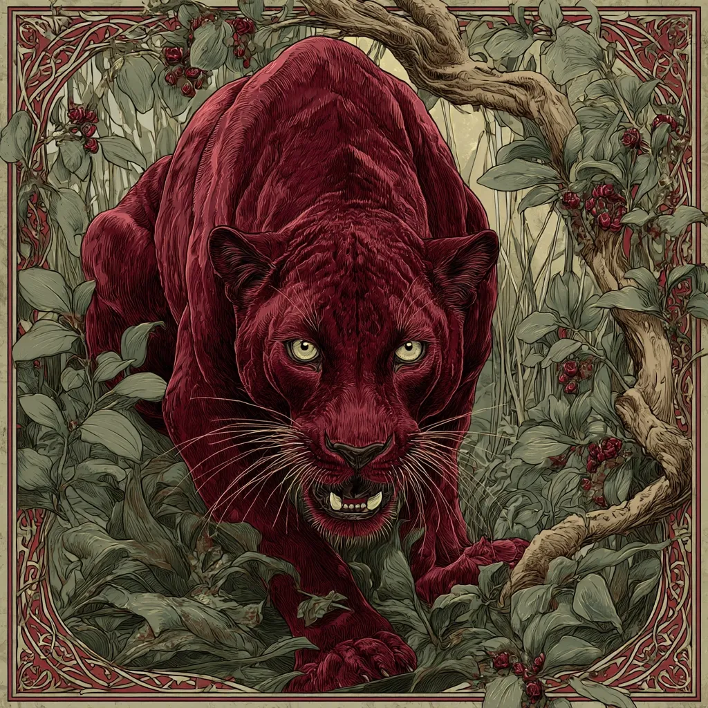 A striking illustration depicts a crimson panther, its intense gaze fixed on the viewer.  The big cat, rendered in meticulous detail, is framed by lush, art nouveau-style foliage teeming with berries.  Deep reds and greens dominate the color palette, creating a rich, almost mystical atmosphere. The ornate border adds to the piece's elegant and slightly menacing quality.