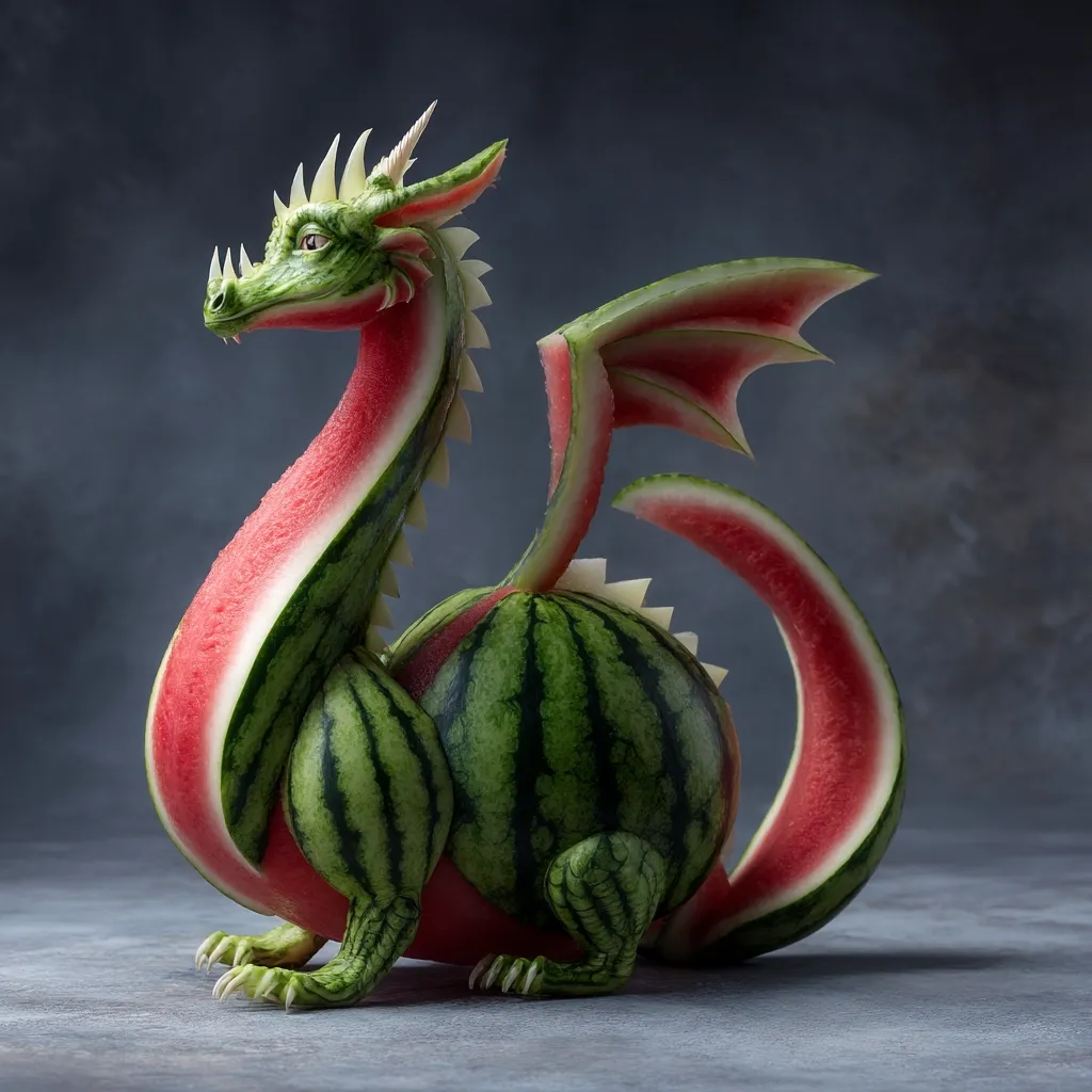 A meticulously carved watermelon dragon sits on a grey surface.  The artist has skillfully used the watermelon's rind and flesh to create a detailed dragon with wings, claws, and spines.  The vibrant red and green of the fruit contrast against the muted background, showcasing the impressive artistry of the fruit carving.