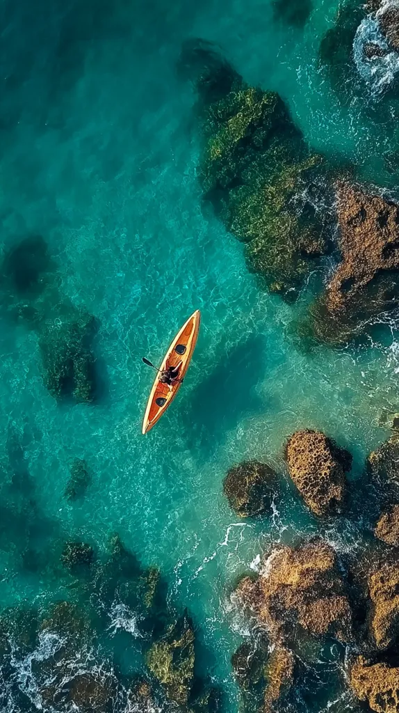 An aerial view captures a single kayak gliding across vibrant turquoise water, surrounded by dark, rocky outcrops.  The water is clear, showing the rocks below. The kayak, a warm brown wood, contrasts with the cool tones of the ocean.  The scene is tranquil and serene, showcasing the beauty of the coastline from above.