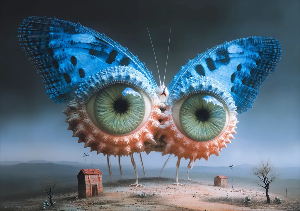 A surreal digital painting depicts a giant butterfly with large, realistic eyes. Its wings are a vibrant blue and white, intricately detailed.  The butterfly stands on spindly legs in a desolate landscape, dwarfing two small houses.  The overall mood is dreamlike and slightly unsettling, creating a juxtaposition of the fantastical and mundane.