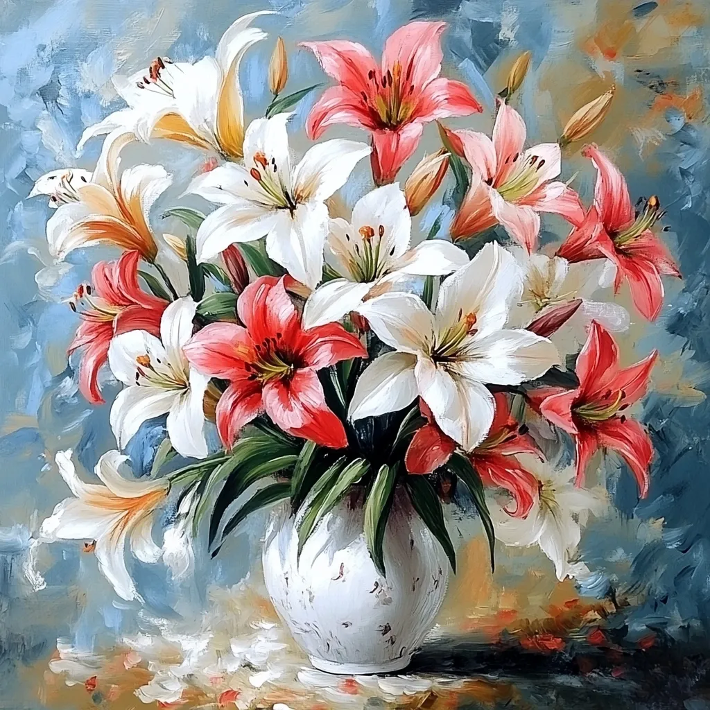 A vibrant oil painting depicts a bouquet of lilies in a white vase.  The lilies are predominantly white and a striking coral-red, their petals rendered with visible brushstrokes.  The vase is simple, allowing the flowers to be the focal point. The background is a textured blend of blues and muted earth tones, complementing the floral arrangement. The overall style is realistic with a painterly approach, showcasing the artist's skill in capturing light and texture.