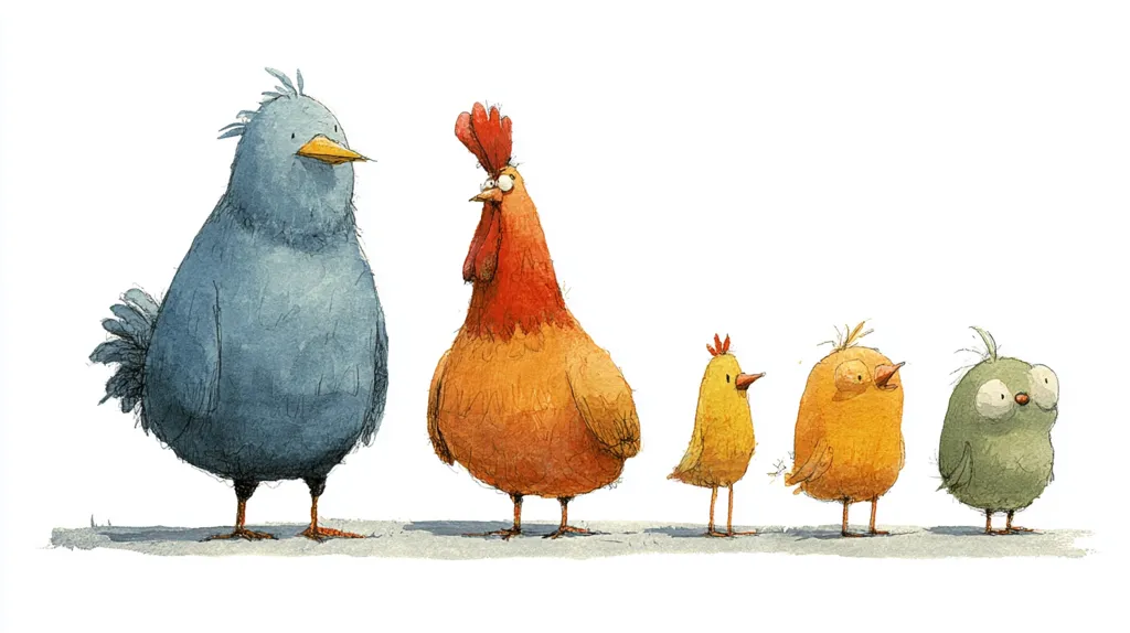 A watercolor illustration shows five whimsical birds lined up.  A large blue bird is on the left, followed by a plump orange rooster.  Next are two smaller yellow chicks and a small green bird on the far right.  Each bird has a unique personality expressed through its posture and features. The style is charming and slightly quirky.