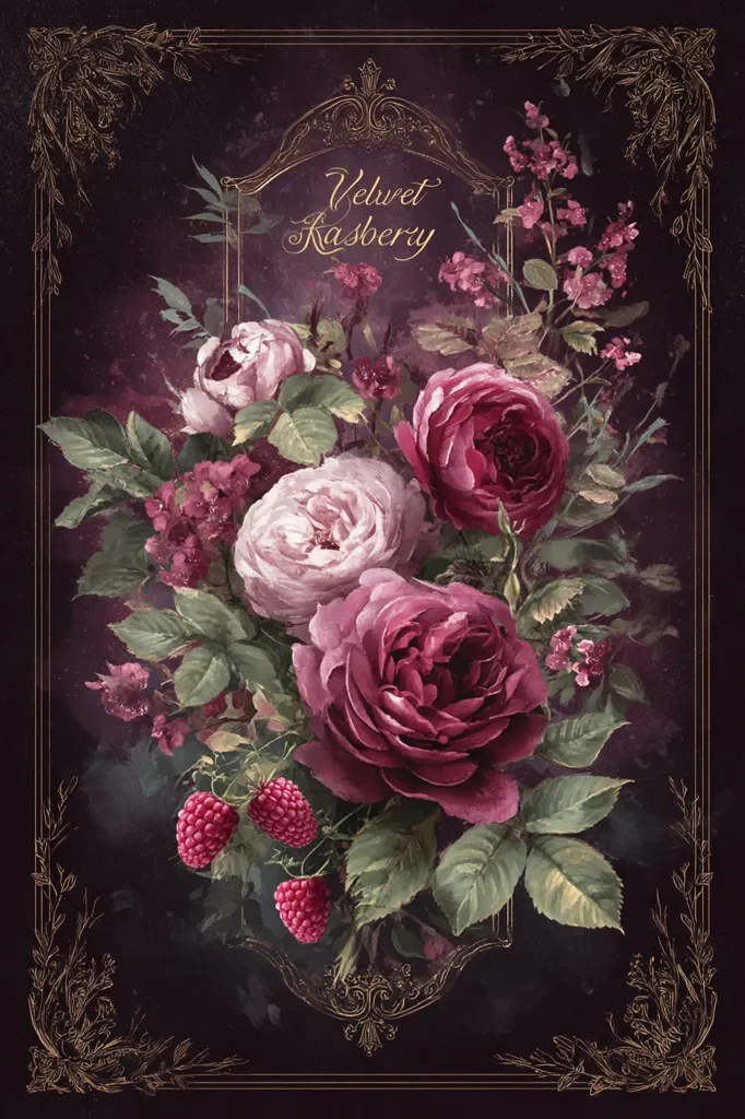A richly colored image titled "Velvet Raspberry" features a bouquet of opulent roses in shades of deep pink and burgundy, accented by lighter pink roses and delicate sprigs of smaller flowers.  The roses are lush and full,  surrounded by vibrant green leaves.  A few ripe raspberries nestle amongst the blooms. The artwork is framed with an ornate gold border against a dark purplish background.  The style suggests a vintage or romantic aesthetic.