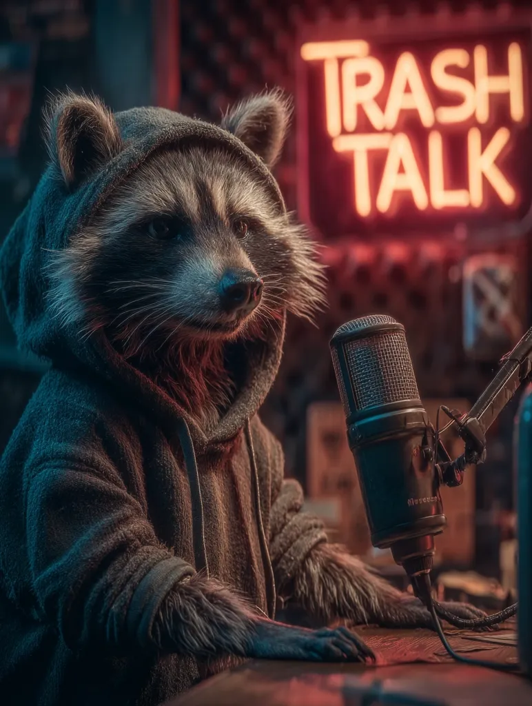 A raccoon, wearing a grey hoodie, sits at a microphone in a dimly lit room.  Behind it, a neon sign reads "Trash Talk." The image suggests a podcast or radio show, with the raccoon as the host.  The overall mood is dark and slightly edgy, emphasizing the humorous juxtaposition of a raccoon in a human-like setting.