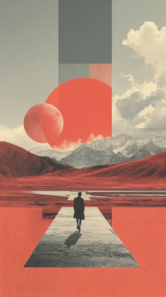 A surreal, minimalist landscape features a lone figure walking down a path towards a mountain range under a sky filled with large, stylized planets.  The color palette is muted, with terracotta and grey tones dominating.  Geometric shapes are superimposed, creating a sense of depth and abstraction.  The overall mood is contemplative and slightly melancholic.