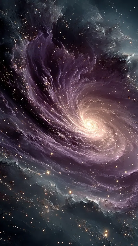 A breathtaking cosmic swirl dominates the image, a mesmerizing vortex of purple and gold hues.  The nebula's ethereal glow is punctuated by countless stars, creating a celestial tapestry of immense depth and beauty.  The swirling gases and dust create a dramatic sense of movement and energy, evoking a feeling of awe and wonder at the universe's vastness.  The vibrant colors and intricate details are captivating, suggesting a scene of profound cosmic activity.