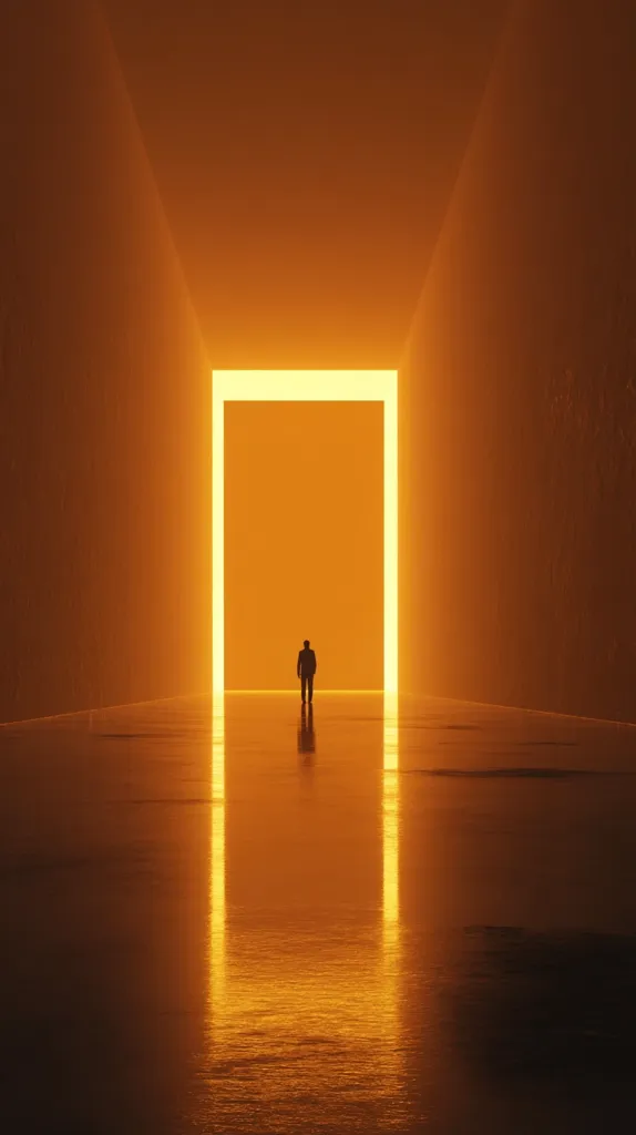A lone figure stands silhouetted against a radiant, rectangular doorway emanating a warm, orange glow.  The figure is small in the vast, dimly lit corridor, which reflects the light on a polished floor.  The overall atmosphere is surreal and suggestive of a journey or transition to another realm.  The image is minimalist and evokes a sense of mystery and hope.
