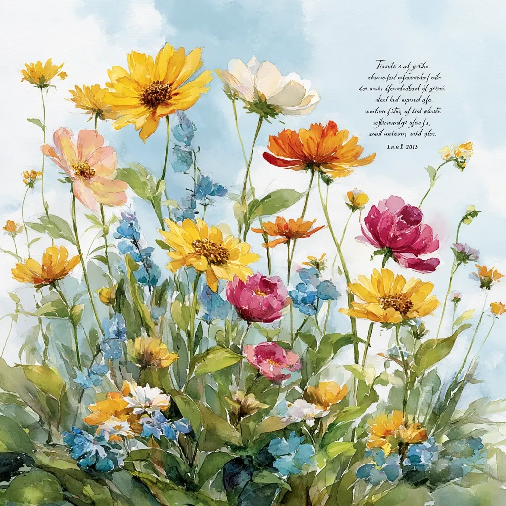 A watercolor painting depicts a vibrant meadow bursting with wildflowers.  Yellows, oranges, pinks, and whites dominate the colorful bouquet, interspersed with smaller blue flowers. The blooms are rendered with soft, delicate brushstrokes against a light blue sky, creating a peaceful and idyllic scene.  A poem is included on the right.