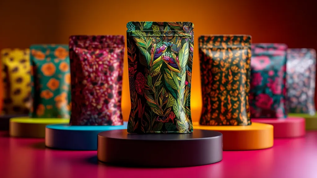 A row of vibrant, patterned pouches stand on colorful circular platforms against a warm background.  The central pouch features a lush, tropical floral design in bold colors, while the surrounding pouches showcase various other intricate patterns.  The image emphasizes the unique and eye-catching packaging design. The overall effect is one of luxury and visual appeal.