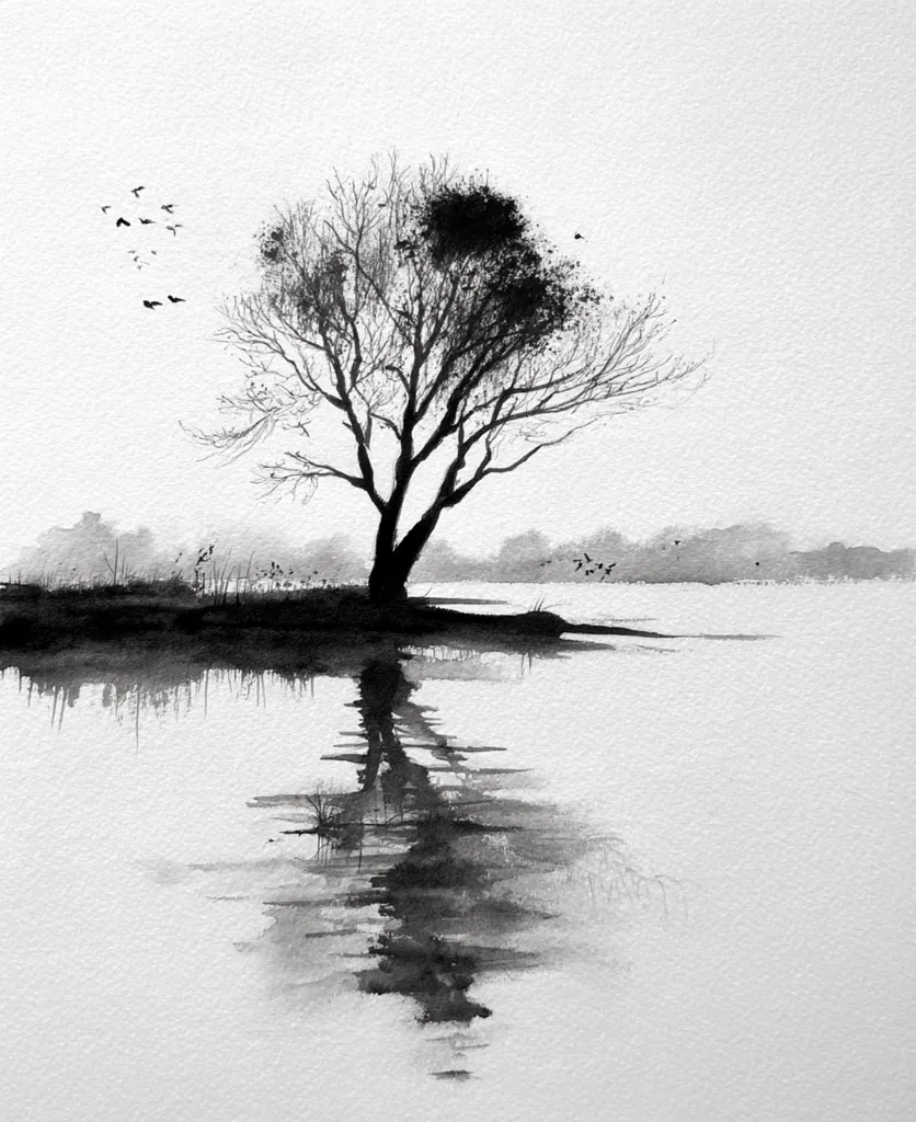 A monochromatic watercolor painting depicts a solitary, leafless tree standing on the edge of a calm body of water.  Its reflection is clearly visible in the still surface.  A few birds are scattered in the sky, adding to the serene and minimalist composition. The overall style evokes a sense of tranquility and solitude. The background is subtly detailed, suggesting a simple, flat landscape.