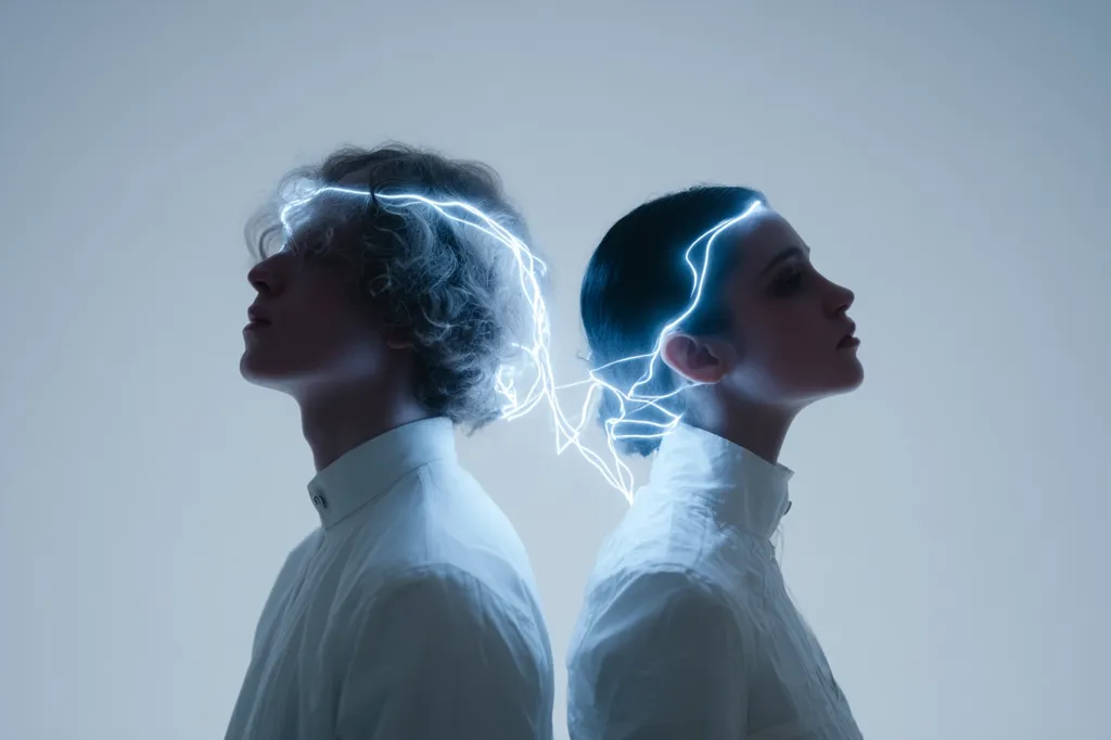 A stylized image depicts a young man and woman standing back-to-back, their heads connected by glowing, ethereal lines resembling electrical currents.  They are dressed in simple, white, collared shirts, their faces serene and slightly upturned. The overall aesthetic is minimalist and suggests a connection, perhaps mental or emotional, between the two individuals. The cool color palette enhances the futuristic or otherworldly feel.