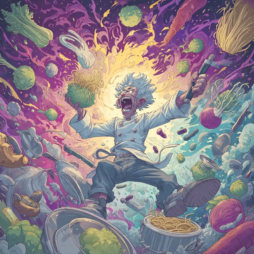 A dynamic illustration depicts a chef, hair askew, mid-leap amidst a swirling vortex of food.  He wields a utensil and a ball of pasta, surrounded by flying vegetables, pans, and noodles. The vibrant, chaotic scene suggests a culinary explosion or a fantastical cooking experience, with a blend of realistic and surreal elements.  The chef's expression is one of wild energy and excitement.
