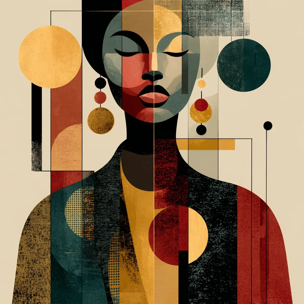 A stylized portrait of a Black woman, rendered in a geometric, Cubist style.  Bold blocks of color—reds, golds, and dark greens—create a textured effect, reminiscent of collage.  The woman’s face is serene, eyes closed, and she wears large, circular gold earrings.  Geometric shapes and lines are interwoven throughout the artwork, enhancing its abstract and modern aesthetic.