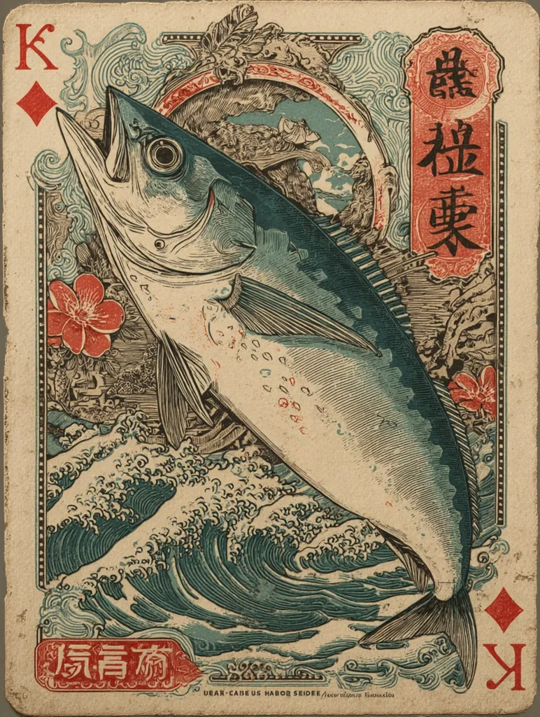 This is a stylized playing card, the King of Diamonds.  A large, detailed illustration of a fish leaps from crashing waves, set against a backdrop of stylized Japanese-inspired art.  The card incorporates ornate borders and kanji characters, suggesting a blend of Western playing card design and Eastern artistic influences.  The overall aesthetic is vintage and evocative of woodblock prints.