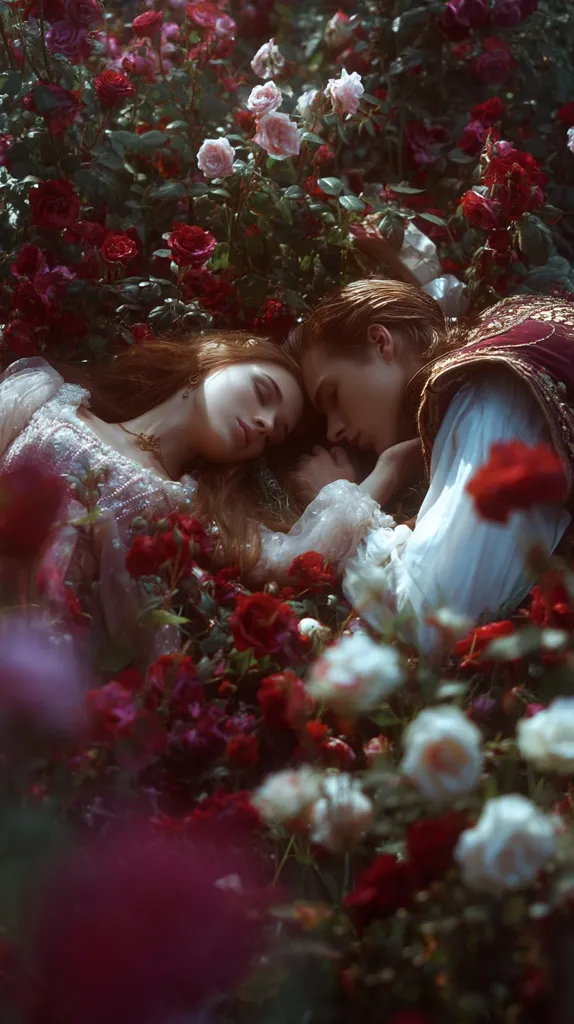 A young couple lies nestled amongst a vibrant profusion of red and white roses. The woman, in a delicate, lace-like gown, rests her head on the man's shoulder. He, in a regal-looking, ornate jacket, gently cradles her.  Their peaceful slumber is surrounded by a lush, romantic garden, creating a dreamy, ethereal scene. The soft light enhances the beauty of the flowers and the couple's serene embrace.