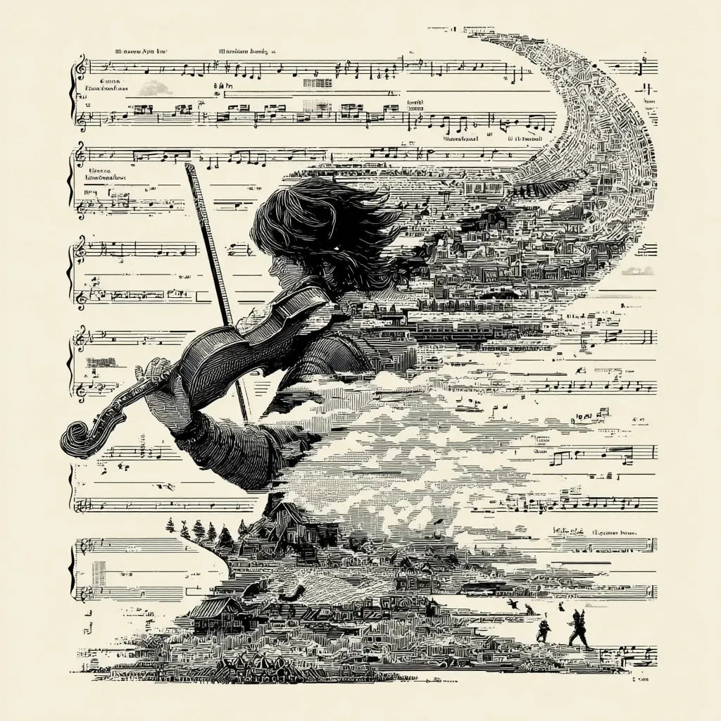 A monochromatic illustration depicts a violinist, their form partially dissolving into musical notes and a rural landscape.  The violin player is central, their silhouette composed of fragmented sheet music and a detailed background of houses, trees, and figures.  The style is reminiscent of a woodcut print, blending musical notation with visual storytelling. The overall effect is a surreal and evocative image.