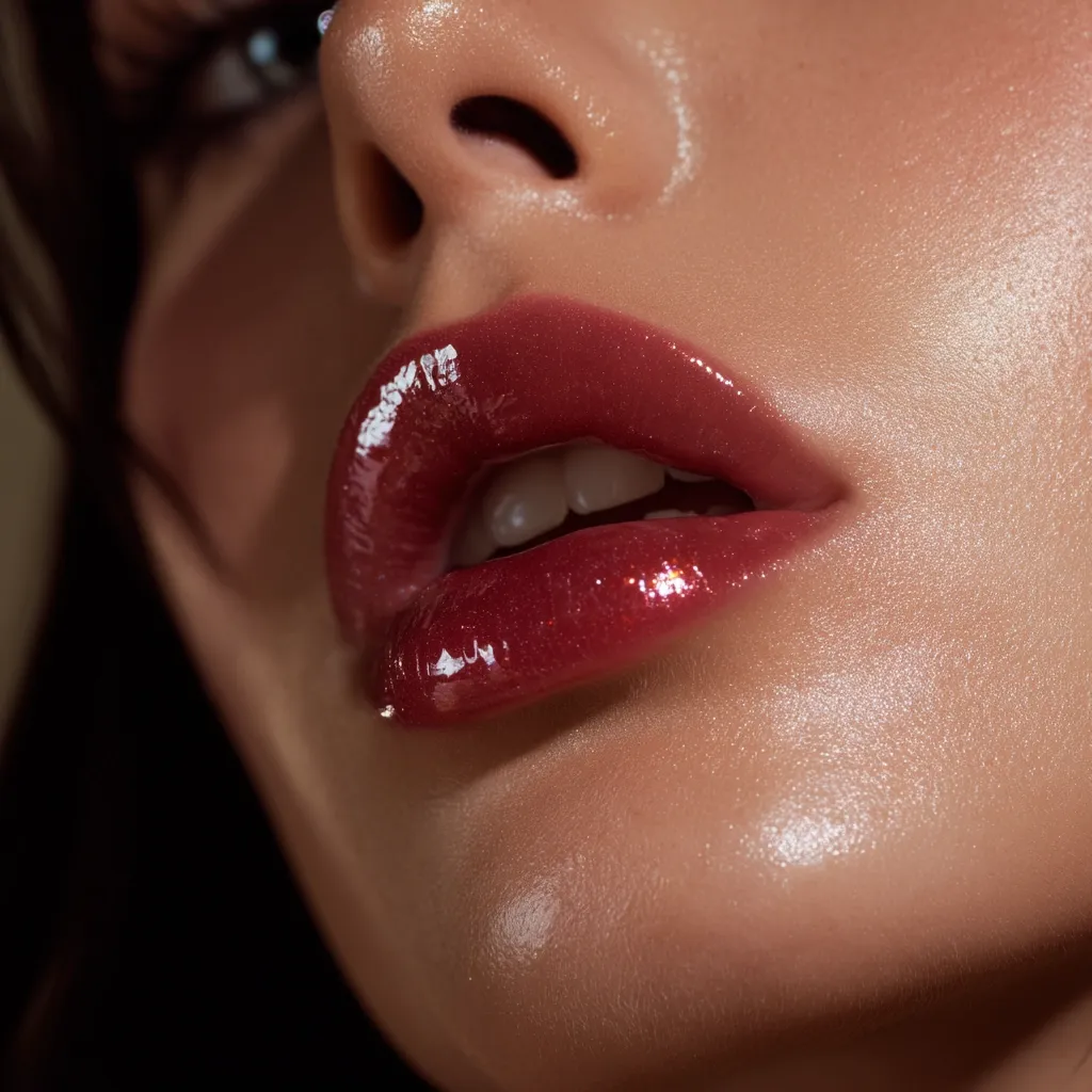 Close-up of a woman's luscious lips, showcasing a rich, dark red glossy lip color.  The skin appears dewy and smooth, with a subtle highlight.  The focus is sharply on the lips, emphasizing the texture and shine of the lip gloss.  The overall image is sensual and glamorous.