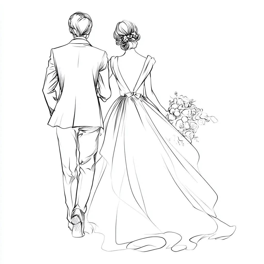 A line drawing depicts a bride and groom from behind, walking away.  The bride wears a flowing wedding gown with a low back and carries a bouquet. The groom is in a suit.  Their elegant figures and the detail of the dress create a sophisticated and romantic image, suggesting a wedding day or a similar celebration. The style is minimalist and fashion-forward.