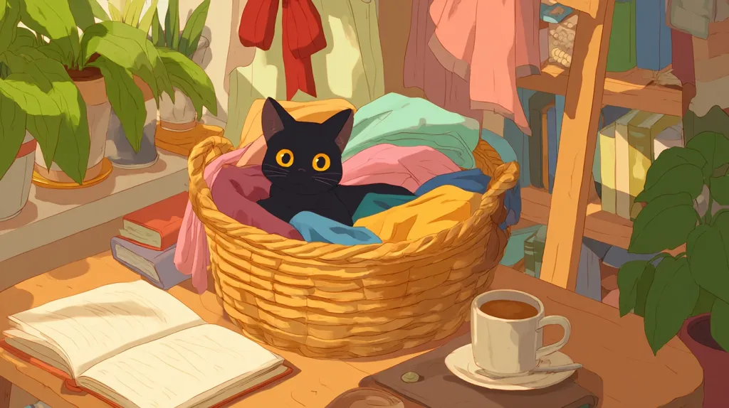 A black cat with bright yellow eyes sits nestled in a wicker laundry basket filled with colorful clothes.  The scene is set in a cozy room with houseplants, books, and a wooden bookshelf filled with books. A cup of coffee sits on a table next to an open book, bathed in warm sunlight. The overall style is reminiscent of gentle, whimsical animation.
