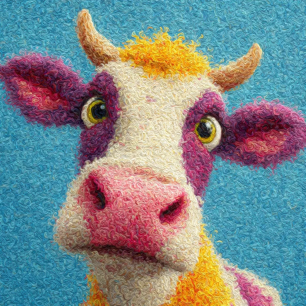 A close-up, stylized painting of a cow's face.  The cow is depicted in vibrant, unnatural colors – pink, purple, yellow, and white – giving it a whimsical, almost cartoonish appearance.  The impasto technique creates a textured, almost furry effect on the cow's coat. The background is a solid, textured light blue. The cow's large, expressive eyes add to its playful demeanor.