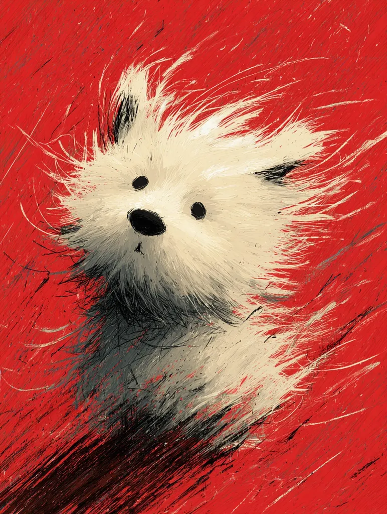 A stylized painting of a West Highland White Terrier against a vibrant red background. The dog's fur is depicted with expressive, textured brushstrokes, giving it a dynamic and slightly windblown appearance.  The red background features energetic, sweeping strokes, contrasting with the softer rendering of the dog. The overall effect is playful and energetic.