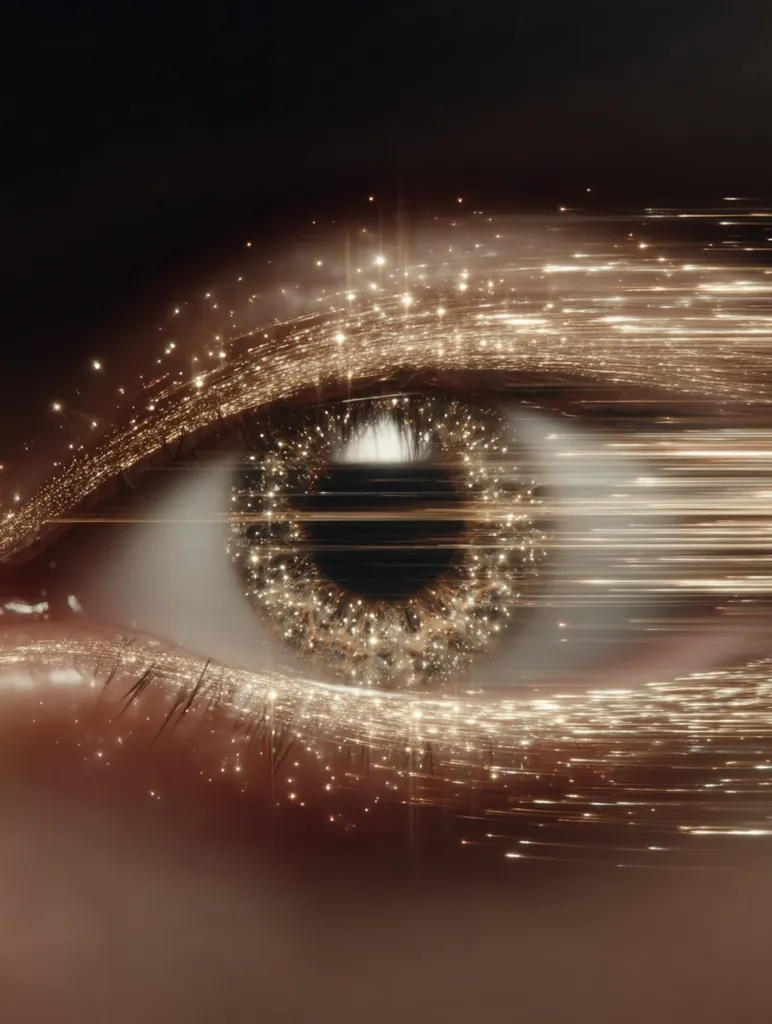 A close-up showcases a captivating eye, adorned with shimmering, golden particles that resemble light trails. The effect creates a sense of movement and energy, enhancing the eye's allure.  The warm tones and detailed texture of the eye and surrounding skin are beautifully rendered, giving the image an ethereal and otherworldly feel.
