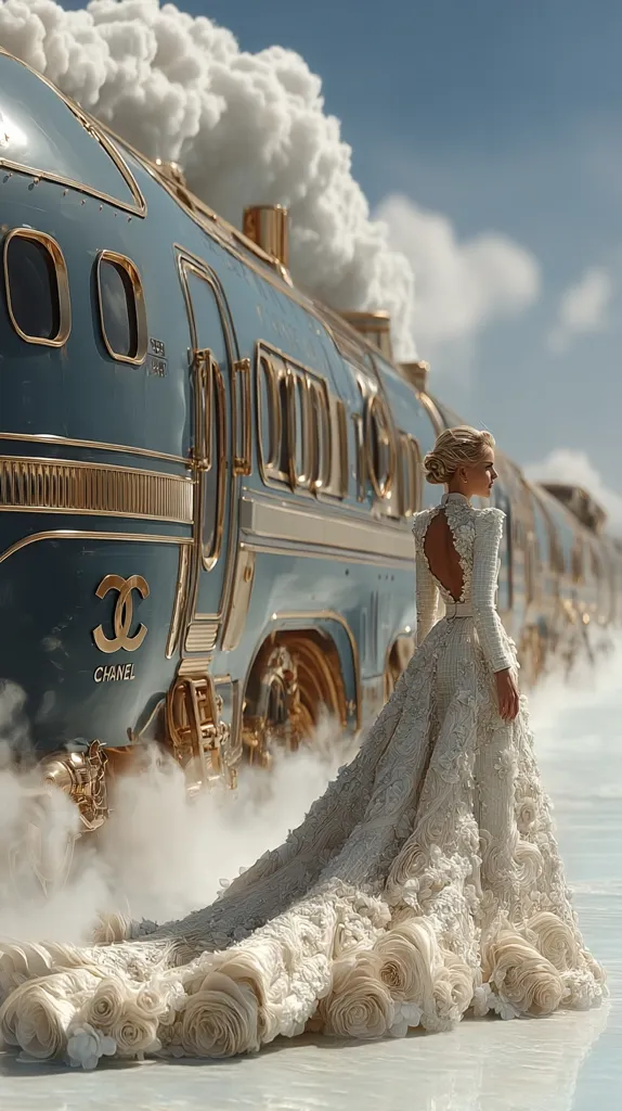 A bride in an extravagant, rose-adorned wedding gown stands before a luxurious, steam-emitting Chanel-branded train.  The train is teal and gold, creating a dramatic contrast to the bride's dress.  The scene is ethereal and romantic, with a dreamy, almost surreal quality.  The image evokes a sense of opulence and fairytale romance.