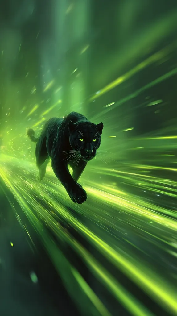 A black panther runs at incredible speed through a vibrant green, glowing energy field.  Streaks of light radiate outwards as the panther gracefully moves, its eyes gleaming with intensity. The dark fur of the panther contrasts sharply with the bright, almost ethereal green background, creating a dramatic and visually stunning image.