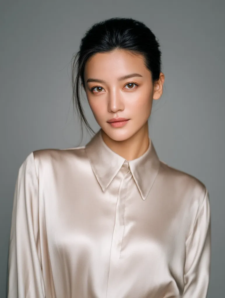 A young woman with dark hair pulled back in a sleek updo gazes directly at the camera.  She wears a luxurious, champagne-colored silk shirt with a collared neckline. Her makeup is minimal and enhances her naturally beautiful features. The background is a simple, neutral gray, drawing focus to the subject's elegant appearance and poised expression.