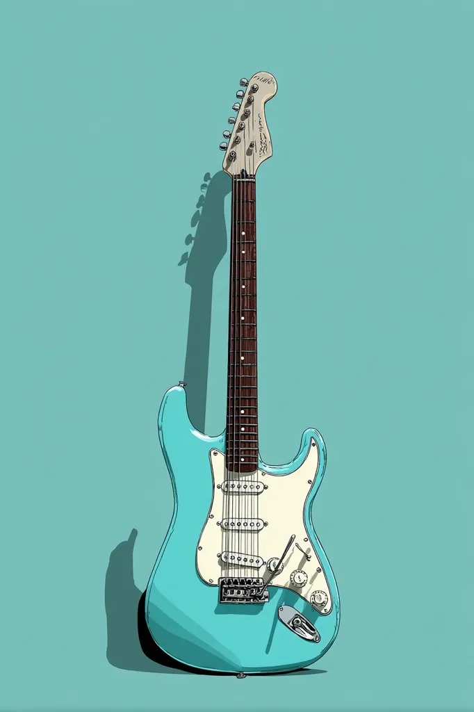 A light teal electric guitar is depicted against a matching teal background.  The guitar is drawn in a stylized manner, with a detailed rendering of the instrument and its components.  The guitar casts a shadow to the left, enhancing the three-dimensionality of the image.  The overall aesthetic is clean, simple, and evocative of vintage rock and roll.