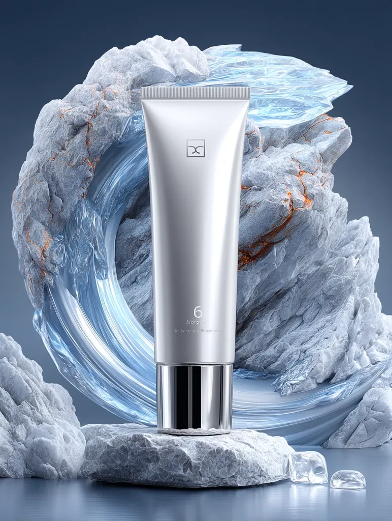 A silver tube of "6 Aicrone" moisturizer is displayed against a backdrop of stylized icy blue and gray rock formations. The product's minimalist design is emphasized by the dramatic lighting and cold color palette.  Ice cubes are scattered at the base, enhancing the overall impression of coolness and purity.  The scene is suggestive of a high-end skincare product.