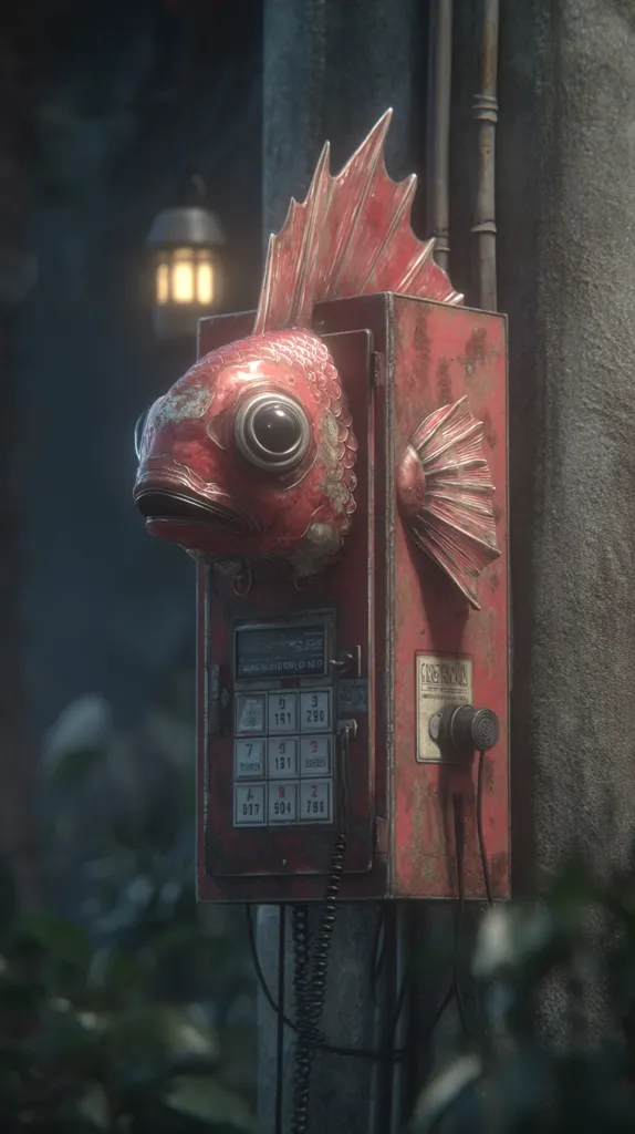 A weathered, red public phone booth is intricately designed with a stylized fish head and fins.  The fish's large, round eyes and detailed scales are prominent. The phone's keypad is visible, hinting at its function.  The scene is dimly lit, giving the overall image a mysterious and slightly antiquated feel, set against a dark, possibly urban, backdrop.  The phone is attached to a post, adding to its unique street-side placement.