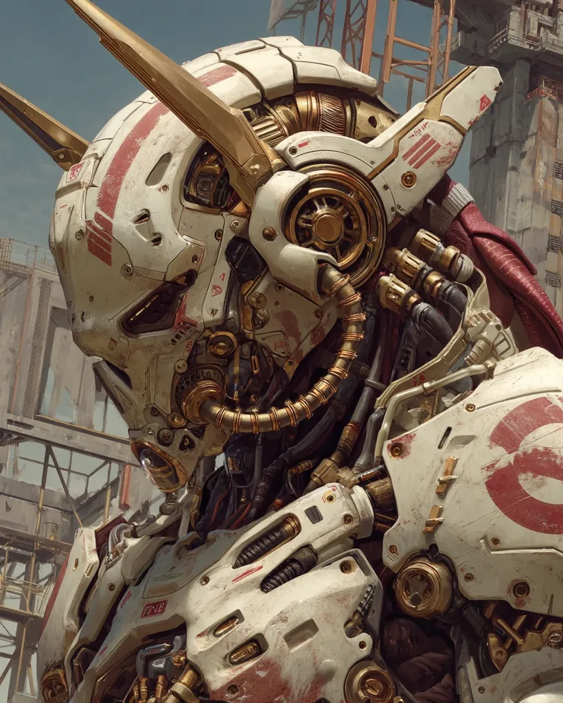 A detailed close-up of a weathered, intricately designed mech.  Its predominantly off-white body is accented with gold and red markings, suggesting wear and battle damage.  The head features a prominent gold-tipped antenna and complex, exposed mechanical components. The background hints at a post-apocalyptic or industrial setting, emphasizing the mech's rugged appearance.  The image evokes a sense of history and hard-fought battles.