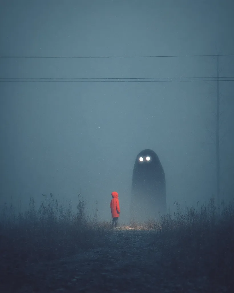 A small child in a red hooded coat stands on a path in a foggy field at night, facing a large, shadowy figure with glowing eyes.  The atmosphere is eerie and mysterious, with power lines visible in the background. The scene evokes a sense of unease and suspense, suggesting a possible encounter with a supernatural being. The overall color palette is muted blues and grays, enhancing the mood.
