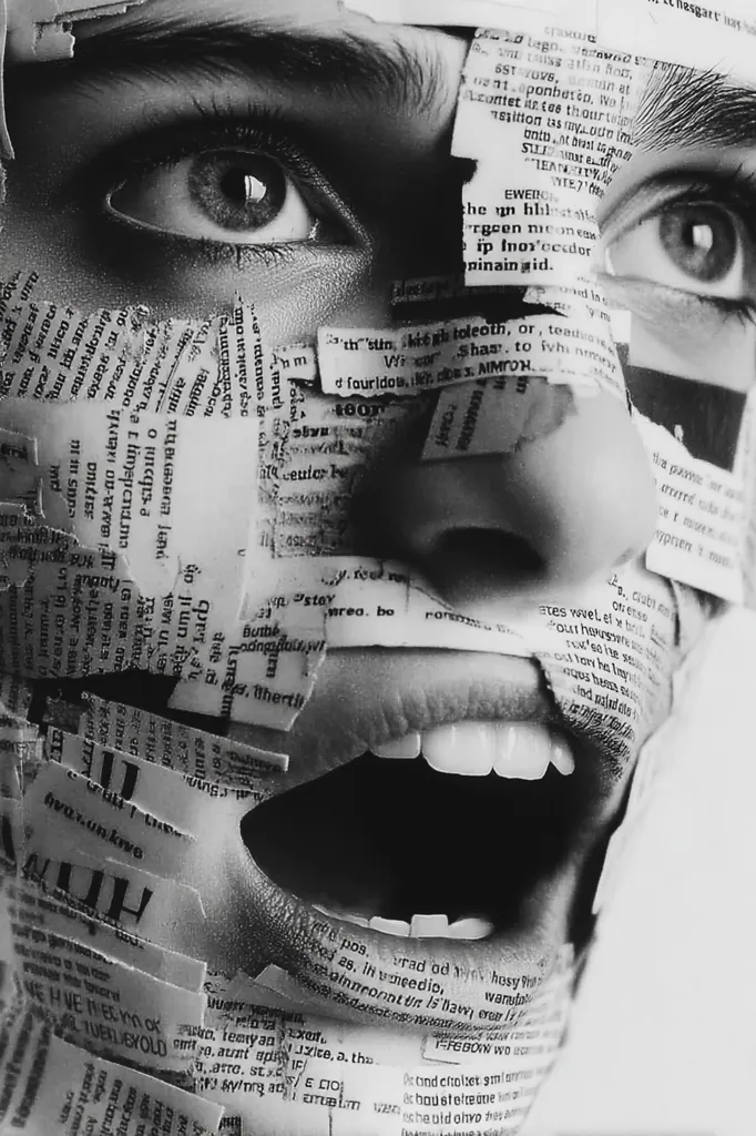 A black and white close-up shot reveals a face partially obscured by snippets of text from a book or newspaper. The eyes are striking, and the mouth is open in a silent scream.  The text fragments are haphazardly arranged, creating a fragmented and surreal effect. The overall image evokes feelings of obscured identity, suppressed expression, or the overwhelming nature of information.