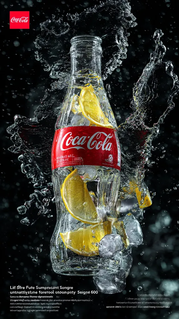 A Coca-Cola bottle, submerged in splashing water, contains ice cubes and lemon slices.  The vibrant red Coca-Cola label is visible through the clear glass. The image is dark, with the water droplets and splashes highlighting the bottle and its contents. The overall effect is dynamic and refreshing.