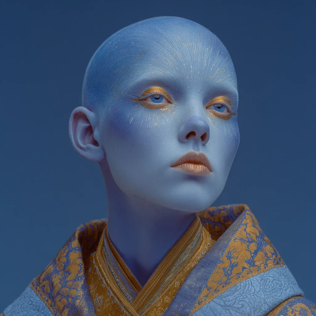 Close-up portrait of a bald individual with blue skin and gold makeup accents. Their skin has a textured, almost celestial appearance, with gold highlights around the eyes and radiating from the forehead. They are wearing a blue and gold patterned robe, giving an ethereal and otherworldly impression. The background is a solid blue, complementing the subject's skin tone. The overall aesthetic is artistic and surreal.