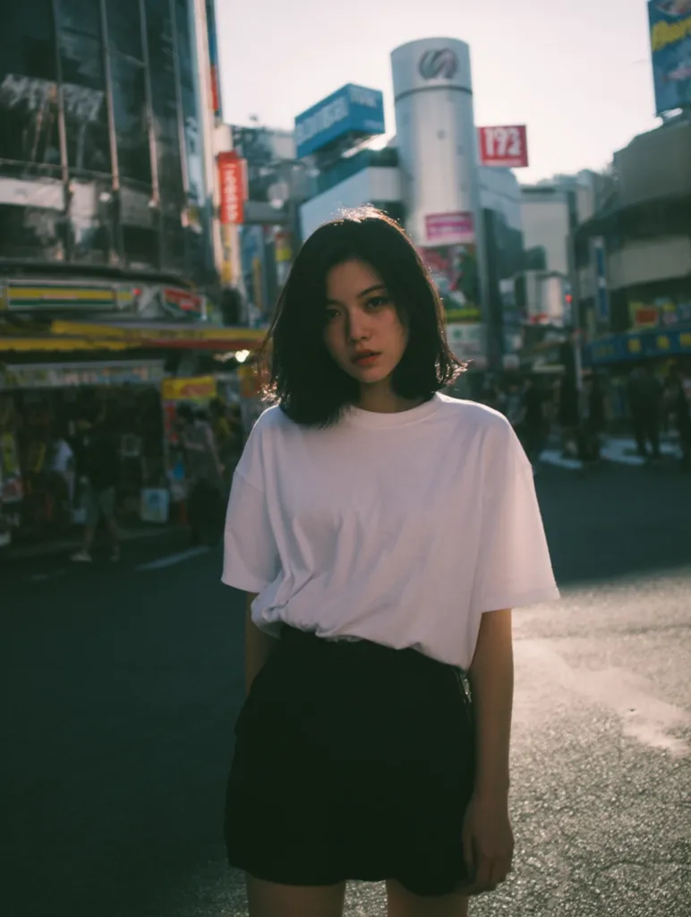 A young woman with shoulder-length dark hair stands on a city street. She wears a loose white t-shirt and a black mini skirt. The background is blurred, showing a bustling Japanese city scene with vibrant signage and buildings. The image has a slightly moody, vintage aesthetic, with soft lighting and muted colors.  The overall impression is one of quiet urban style.