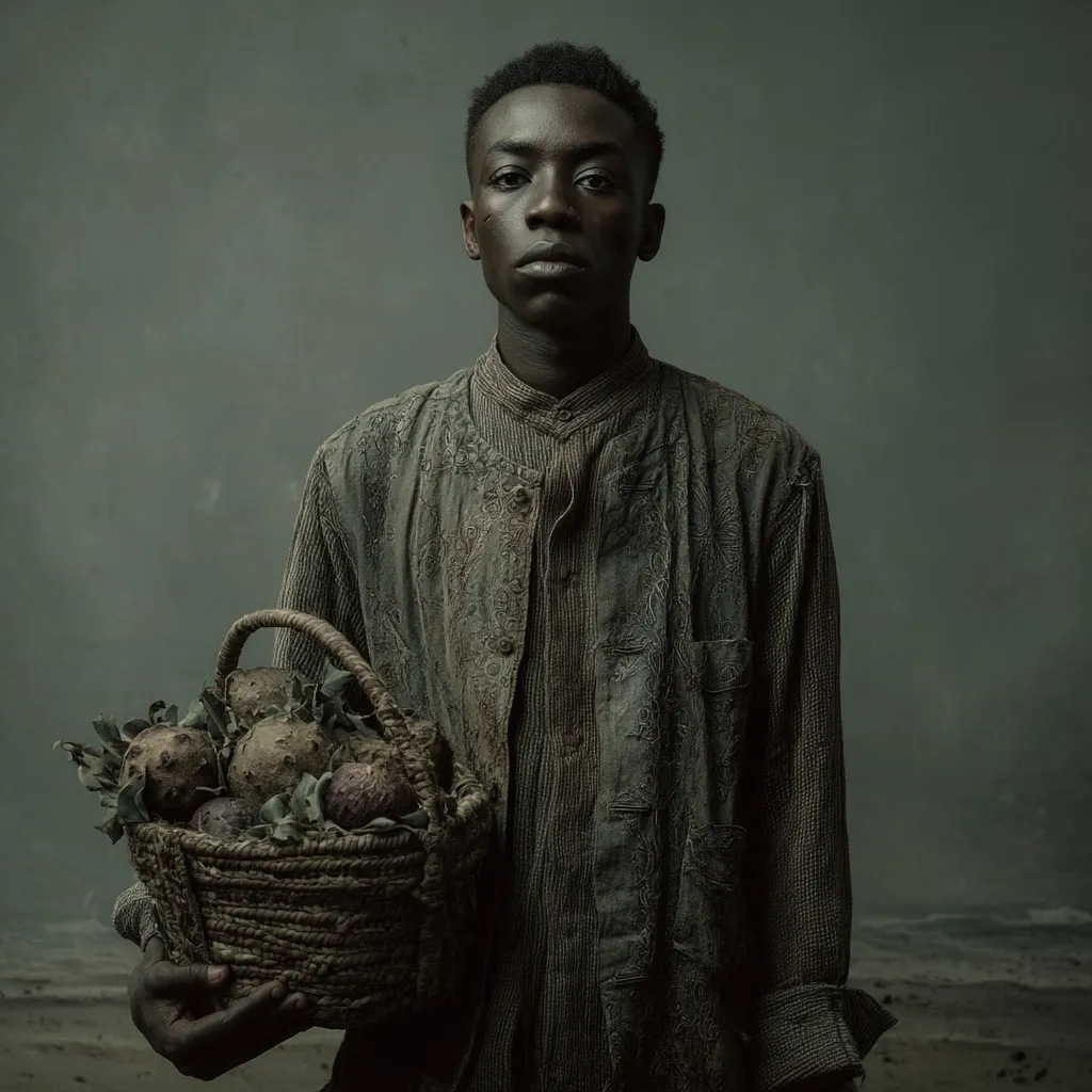 A young dark-skinned man, dressed in a worn, dark-colored, long-sleeved shirt, stands against a muted gray-green backdrop. He holds a woven basket filled with various fruits and vegetables.  His expression is serious and direct, his gaze meeting the viewer's. A blurred beach scene is visible in the background, adding to the somber mood. The overall image evokes a sense of hardship and resilience.