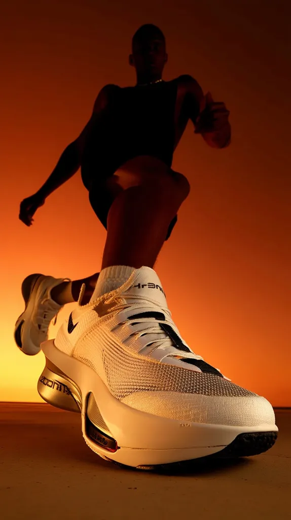 A low-angle close-up shot features a person in motion, their legs and torso visible against a warm orange backdrop. The focus is on a white Nike ZoomX shoe with gold accents, worn by the person. The shoe's design is modern and sleek, highlighting its technological features. The overall image creates a sense of speed and athleticism, emphasizing the shoe's performance capabilities.