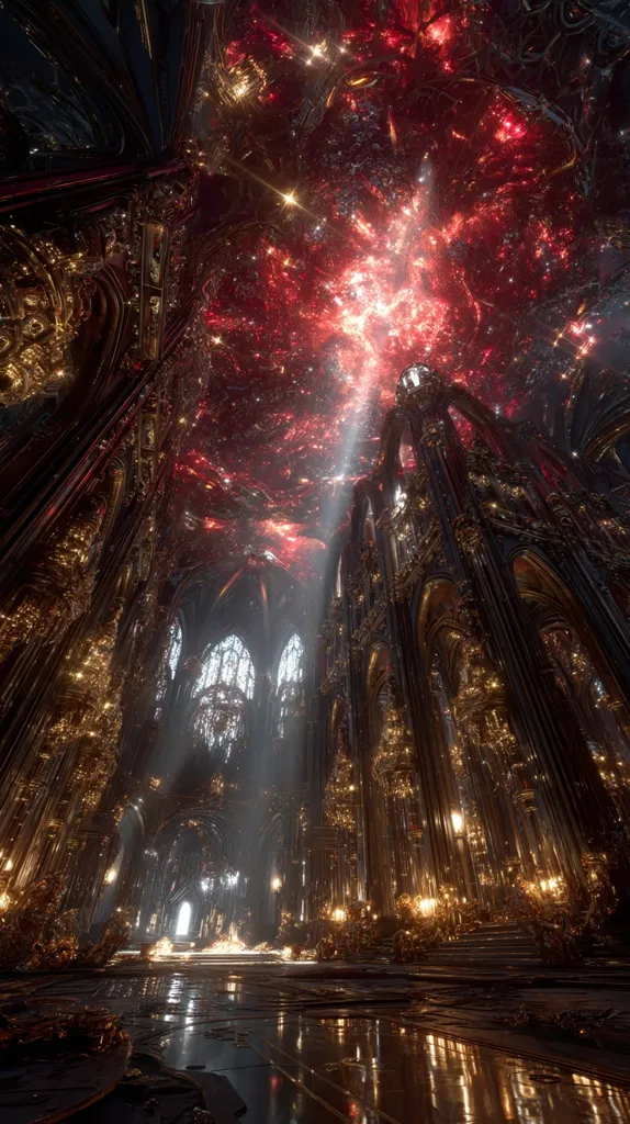 A breathtaking digital artwork depicts a grand, ornate cathedral.  Its dark, gothic architecture is embellished with gold detailing.  The ceiling is a vibrant, swirling nebula of red and orange, casting beams of light onto the reflective floor. The scene is otherworldly, blending fantastical elements with gothic grandeur.  The overall effect is one of awe-inspiring beauty and mysterious majesty.