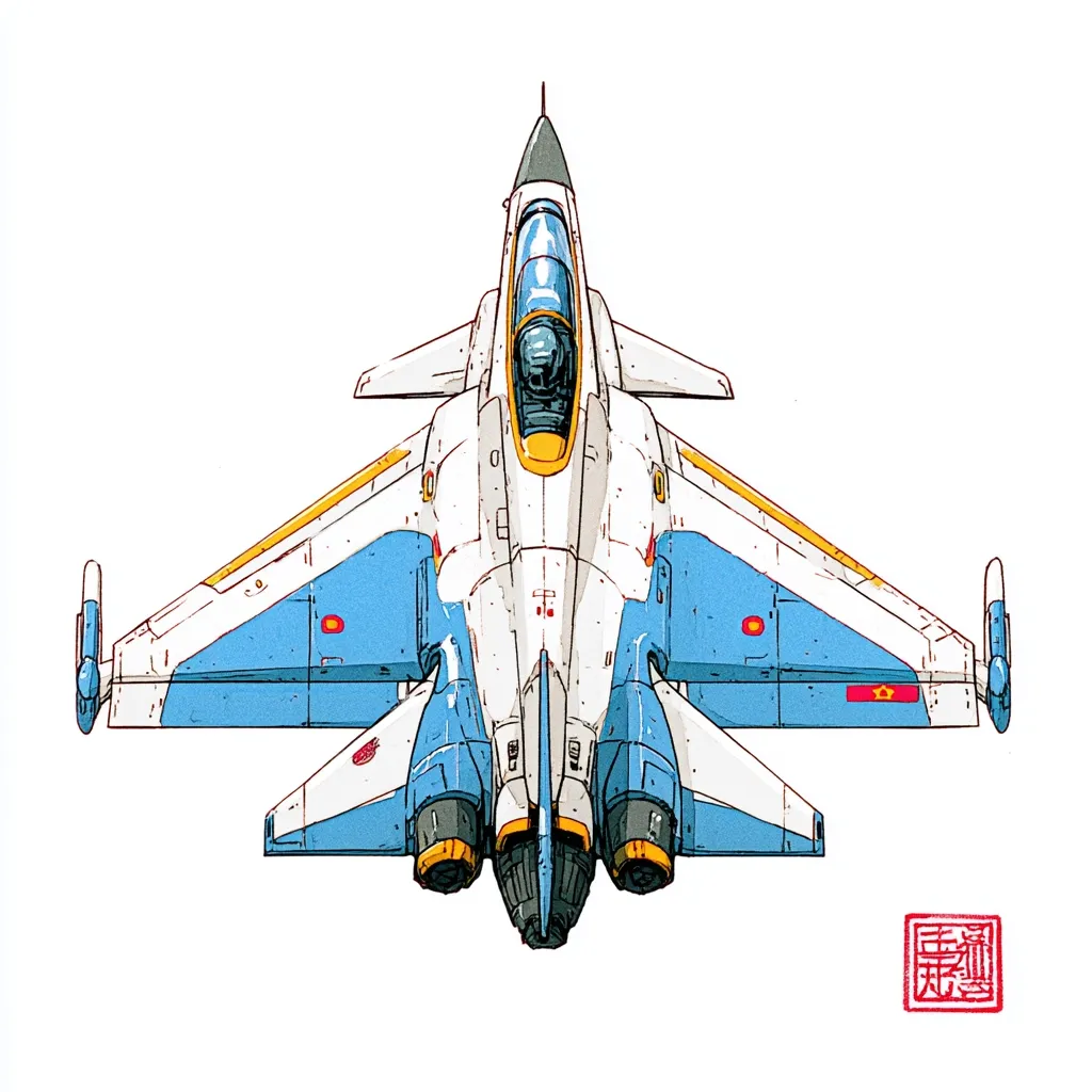 A top-down illustration of a futuristic fighter jet.  Predominantly white, it features light blue wings and yellow accents.  The cockpit is clearly visible, and twin engines are located at the rear.  The aircraft displays what appears to be a stylized national insignia.  The style is reminiscent of concept art or a video game design.  A red square seal is present in the bottom right corner.