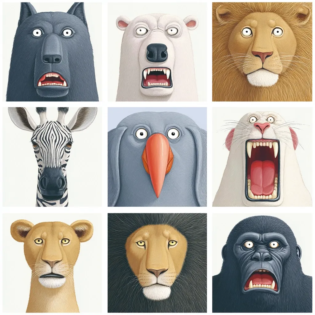 A colorful collage features nine stylized animal portraits. Each animal's face is presented in close-up, showcasing exaggerated features and expressions.  The animals include a wolf, polar bear, lion, zebra, bird-like creature, white feline, lioness, male lion, and gorilla.  The style is reminiscent of illustration or painting, with smooth textures and vibrant colors.