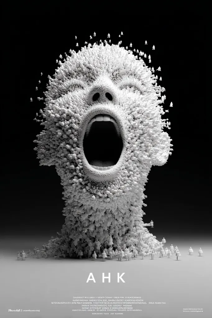 A monochromatic image depicts a large head, formed from countless tiny figures, screaming with an open mouth.  The figures appear to be disintegrating from the head, spreading across the bottom of the image. The overall effect is stark, dramatic, and suggests themes of collective emotion, mass hysteria, or societal breakdown. The title "AHK" is prominently displayed below.