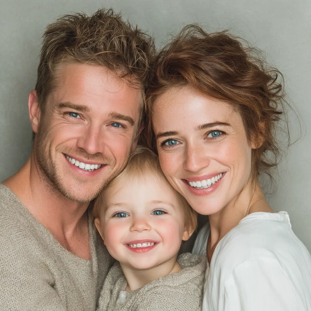 A happy family portrait shows a young couple embracing their toddler child.  The parents, a man and a woman with bright smiles and light skin, are lovingly positioned around their child. The child, with wide, innocent eyes, also beams at the camera. They are dressed in neutral-toned, casual clothing, creating a warm and intimate atmosphere. The image conveys a sense of familial love and joy.